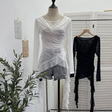 Real Shooting Swing ë·ë· ɴ Mesh Stitching Lace Long Sleeve Bottom Top Irregular Ribbon Design T-Shirt 1322
