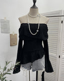 The Ballet Style Shoulder Fold Texture Texture Coat Irregularly Ribbon Horn Sleeve Short Shirt 1158