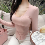 Large Round Collar Tightness Showing Thin Long Sleeve Bottom Shirt Showing Large Body Round Under The Fork Blouse Elastic Spring And Autumn