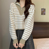 Autumn And Winter Languid Soft-Crelenting Short-Sleeved Knitted Shirt Half-Zip Striped Collar Sweater