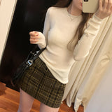 Threaded Slimmed Head Bottom Knitted Shirt Women Autumn 2025 New Round Collar With Shoulder Long Sleeve Top