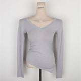 Temperament Comfortable Body Slim Slim Top Spring Dress New V-Neck Korean Side Open Fork Long-Sleeved T-Shirt Girl