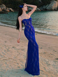 The Royal Sister Wears A Seaside Vacation Retro Blue Lace Temperament Dress Is Particularly Beautiful Threous Beach Dress