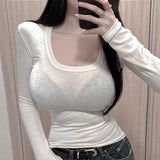 Autumn And Winter New U Collar Tight Bosom Thin Micro-Permeable Top Temperament Set Up Body Long Sleeve Bottom Shirt T-Shirt Woman