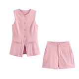 BSK&TRAF Women's Clothing 2025 Summer New Fashion Single Buckle Vest + Casual Short Set