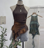 Trend Irregular Hanging Neck Dyeing Net Yarn Vest Lotus Side Ribbon Short Sleeveless Top 9969