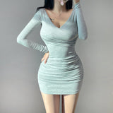 Sky Blue V-Neck Thread Cotton New Folded Waist Dress Long Sleeve Tight-Namped Thin-Bossed And Hip Skirt Short Skirt