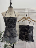 Real Shot Adjustable Shoulder Strap Hanging Neck Leopard Print Mesh Sling Sling With Chest Cushions Bare Back Hottie Top 8192