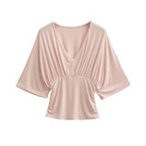 Bat Long-Sleeved Deep V-Neck T-Baender 2026 Summer New Hot Girl Windy Loose Waist Wrinkled Folding Top