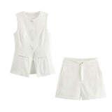 BSK&TRAF Women's Clothing 2025 Summer New Fashion Single Buckle Vest + Casual Short Set