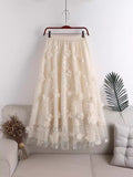 Spring 2025 New High-Rise Thin Double-Layer Mesh Shaft A-Shaped Skirt Three-Dimensional Embroidery Flower Mid-Long Skirt
