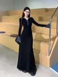 Korean Black Polo Collar Knitted Dress Women's Autumn And Winter Coat Inside The Repair Waist Temperament Long Skirt