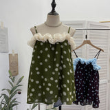 Real Shooting Holiday Storm Point Print Sling Vest Loose Doll Shirt Bumping Wood Ear Lace Sleeveless Top 656