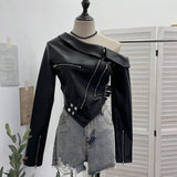 Real Shooting Short Slant Shoulder Small Leather Coat Women Pu Skin Cool Irregular Small Zipper Locomotive Top 2786