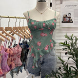 Real Shoot À±tie Bra Irregular Sling Sling Vest Slimming Print Mesh Sleeveless Top 8950