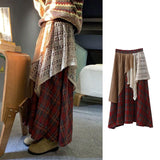 Sen Lined Up Retro Style Lace Splicing Irregular Half-Dress Women Autumn And Winter Big Swing Dress Thin A Lattice Umbrella Skirt