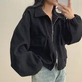 High-Grade Sense Of French Age Reduction Lazy Small Loose Zipper Collar Rope To Close The Waist Short Jacket Jacket Top