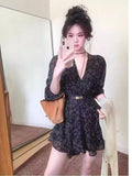 French Temperament V-Neck Broken Floral Dress Women Autumn 2025 New High-End Small Man To Collect The Waist Thin Short Skirt