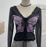 Solid Shot Micro-Permeable Mesh Butterfly Print Splicing Lace Hanging Neck Horn Long-Sleeved T-Shirt Repair Short Top 1286