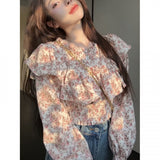 Super Good-Looking Lotus Leaf Side Chiffon High-Waist Long-Sleeved Broken Flower Shirt Women Spring And Summer Single Special Beautiful Short Top