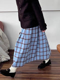 Vintage Blue Lattice Half Skirt Autumn And Winter Temperament Of High-Grade College High-Waist Small Long Dress Girl