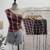 Real-Slender Mesh Slant Shoulder Lattice Sling Sling Waist Strap With Short Shoulderless Sleeveless Top 8075