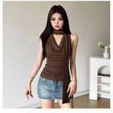 Summer Thin Tie With French Design Sense Of Niche Waist Shirt Women's New Temperament Sleeveless Slimmed Short