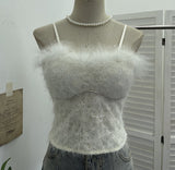 Picts Babes Sling Vest Female Feather Splicing Lace Nails Lily With Chest Pads Short Top 9296