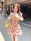 French Holiday Wind Red Small Flying Sleeves Shredded Flower Dress Women Summer Small Man To Collect Waist Thin Beach Short Skirt