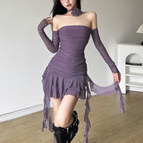 2025 New Mesh Design Sexy Thoracic Dress Woman Bodyd Long-Sleeved Leaves Wrapped In Chest Skirt Wrinkles