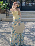 Yunnan Island Holiday Set Female Dopamine Yellow Hanging Neck Blouse High Waist Broken Flower Skirt Two Sets