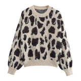BSK&TRAF Women's Clothing Fall 2025 New Fashion Leopard-Printed Collar Knitted Long-Sleeved Sweater
