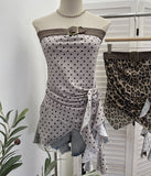 Real Shooting Rivet Belt Splicing Wave Point Mesh Cross Irregular Ribbon Sleeveless Vest Hottie Top 23760