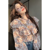 Super Good-Looking Lotus Leaf Side Chiffon High-Waist Long-Sleeved Broken Flower Shirt Women Spring And Summer Single Special Beautiful Short Top