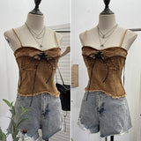 Real-Hand Washing Denim With Bow Strap Sling Vest Irregular Hairy Short Sleeveless Topsuit 8918