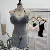 Real Shot Hair Splicing Hanging Neck Sling Vest Sexy Low Chest Bare Back Short Sleeveless Top 2802