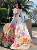 Tea Break French Pure Lust Colorful Broken Flower Sling Strap High-Waisted Holiday Dress Bohemia Seaside Dress