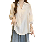 New Hong Kong Style White Shirt Women's Summer Large Size Mm Thin Shoulders Cover Belly Meat Design Loose Seven-Sleeve Top