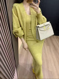 Autumn And Winter Lazy Wind Relaxation Knitted Three-Piece Set Of Women's New Medium And Long Knitted Open Shirt Sling Half-Body Set