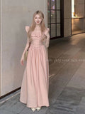 Pink Lotus Leaf Side Lead Flying Sleeve Dress Summer Girl Sweet Crootype Dress Beautiful Holiday Dress