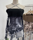 Real Shot Shoulder Cross Hanging Neck Knitting Mesh Yarn Coat Irregular Ribbon Horn Long-Sleeved T-Shirt 1101