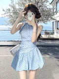 Blue Wave Point Sleeveless Hanging Neck Dress Women Summer 2026 New Korean Temperament Small Tidal Boa Tidal Short Skirt