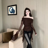 One-Word Shoulder Mesh Long Sleeve Sunscreen T-Shirt Girl Autumn Body-Repair Ribbon Irregular Sweet Hot Girl Tight Short Top