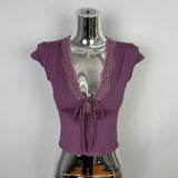 South Korea's New Summer Temperament Slimming Low V-Neck Hottie Pure Lust Lace Side Set Short-Sleeved T-Shirt Top