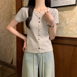 Design Sense Of Small Single-Dcupuncture V-Neck Open Fork Front-Sleeve Knitted Women 2025 Summer New Top