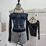 Real Shooting Hottie Fake Two Cowboy Hanging Neck Splicing Mesh Yarn One-Word Shoulder Strapped Dress Short T-Shirt 8935