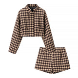 Autumn New Small Fragrant Breeze Bird Lattice Short Jacket Lattice Shorts Set