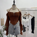 Real Shooting Explosion Two-Word Shoulder Hanging Neck Sling Shirt Irregular Horn Sleeve Chiffon Top 8873