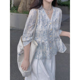 Broken Flower Doll Shirt Half-Sleeved Chiffon Shirt Women Spring And Summer Small Loose Thin Top Temperament Elegant Large Code