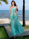 Island Photo Beautiful Green Print Sling Dress Hottie Outing To Wear Bare Side Holiday Lace Dress